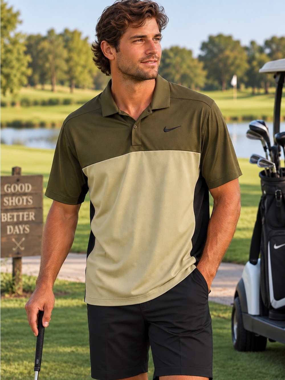 Nike Dri-FIT Men’s XL Colorblock Golf Polo Shirt Olive Khaki Black Athletic